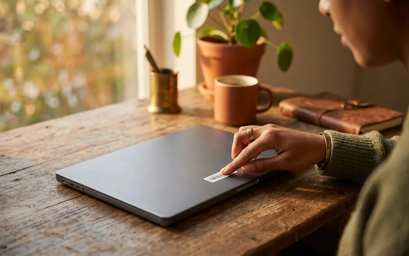 A closed laptop on a wooden desk with a hand resting against its edge.