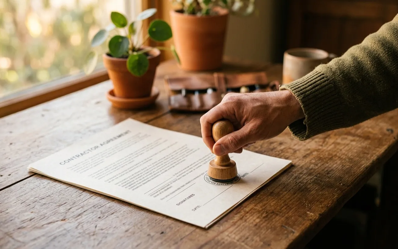 A contractor agreement being stamped by hand with a rubber stamp on a wooden desk.