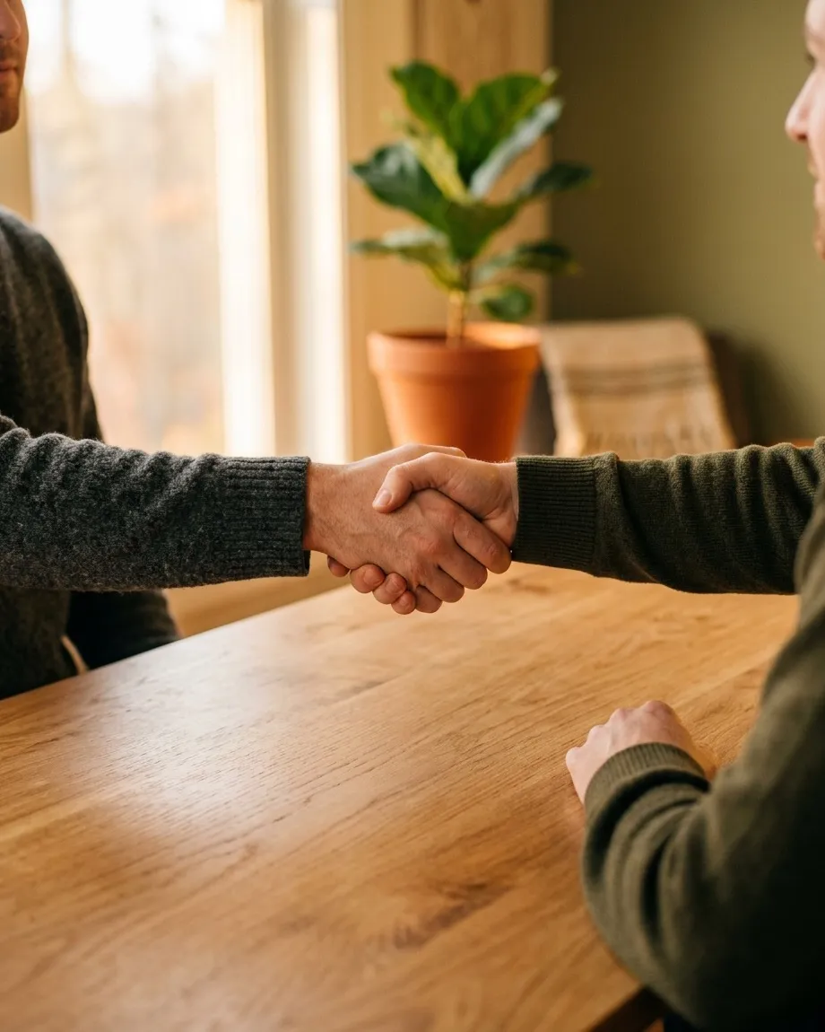 Two people shaking hands across a wooden table.