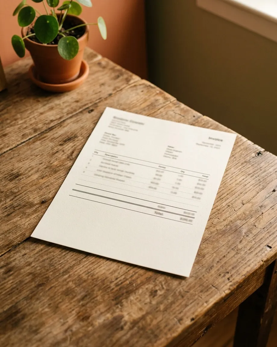 A single printed invoice lying on a wooden table.