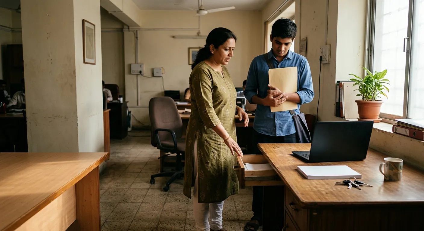 A colleague showing a new joiner around a desk on his first morning in an Indian office, a folder under his arm.
