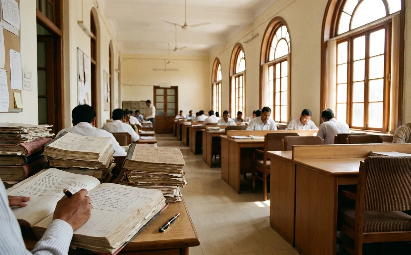 A records hall with tall arched windows, bundles of bound ledgers in the foreground and clerks working at rows of wooden desks.