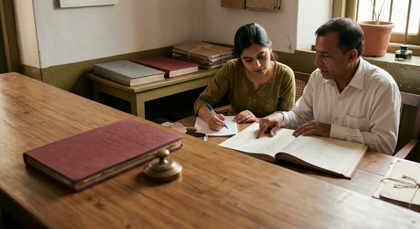 Two colleagues over an open ledger on a wooden desk in an Indian accounts room, one pointing at a page.