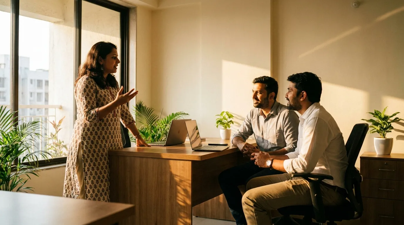 Three colleagues in a sunlit Indian office, one standing at the desk mid-sentence and two seated across from her, listening.