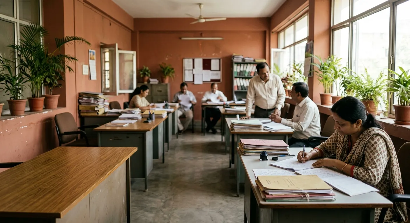 An office floor in India at work: people at desks with paper files, daylight through a window wall, plants along the sill.
