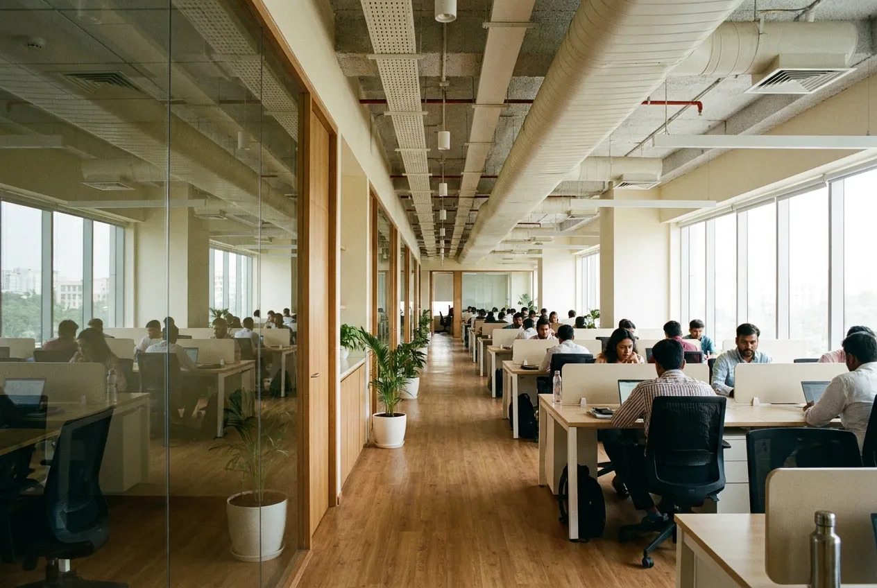 A long open-plan office floor seen down its central aisle, glass meeting rooms along one side and occupied desks along the other.