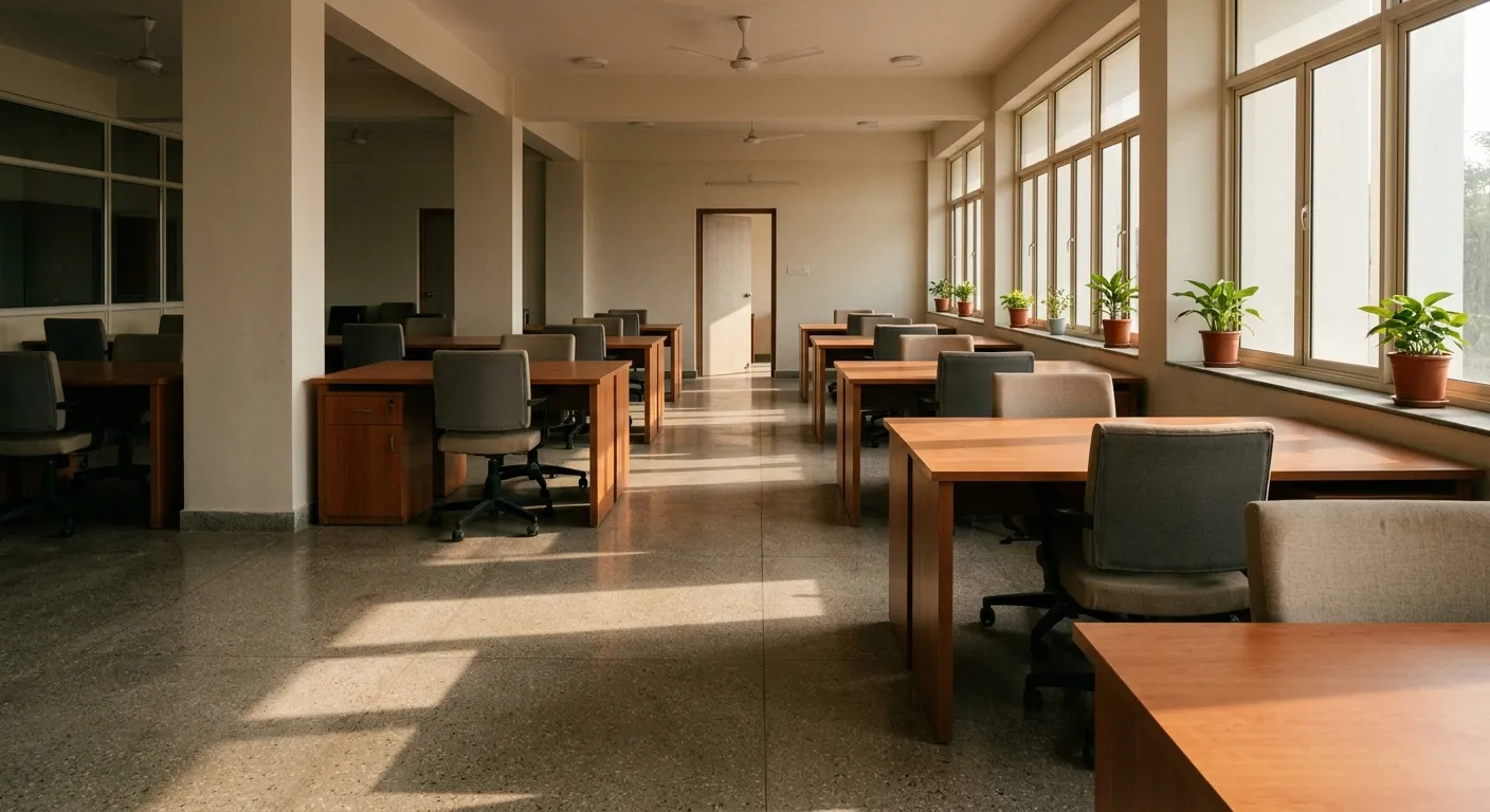 A newly fitted-out office floor in India before anyone arrives: desks and chairs in place, morning light across the floor.