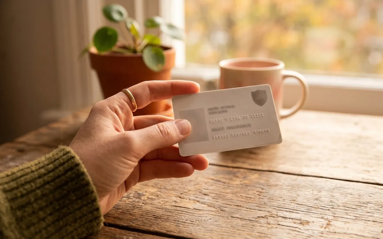 A hand holding a health insurance card up to the light.