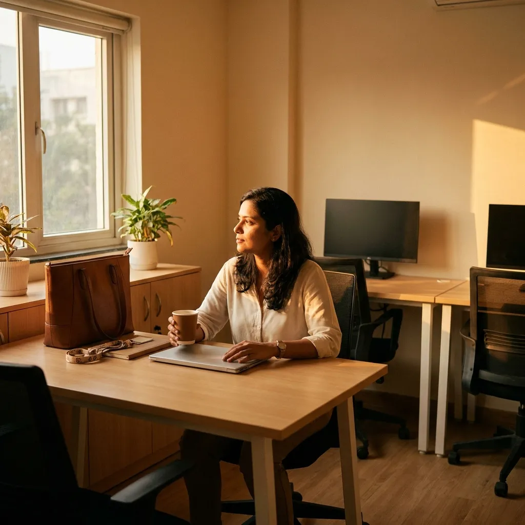 A single employee at a desk beside a window, monitor and coffee cup in front of them, on their first day.