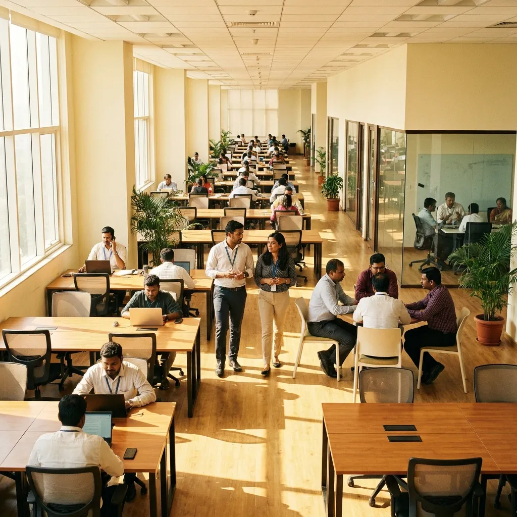 A full open-plan floor in operation, rows of occupied desks running the length of the room.
