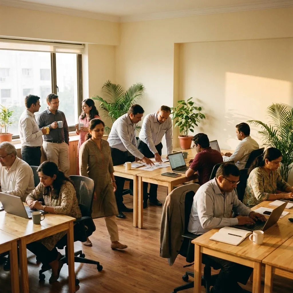 A team of about ten people working together across shared desks in a bright open-plan office.