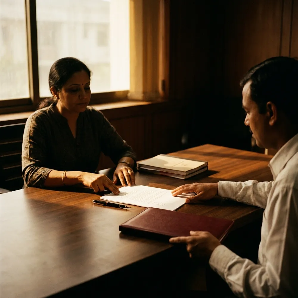 Two people seated across a polished wooden table with a document folder open between them.
