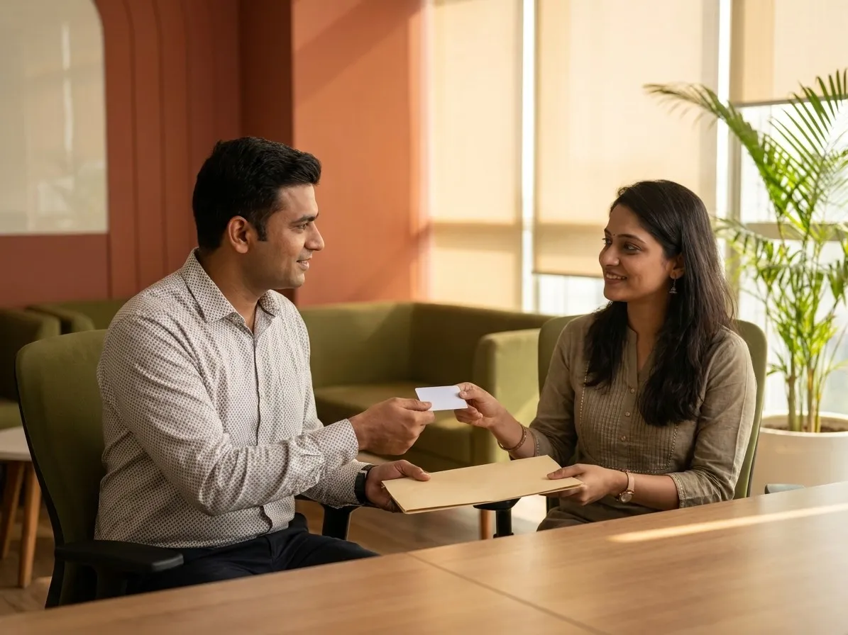 An employee handing a blank access card and a folder across a table to a colleague in warm afternoon light.