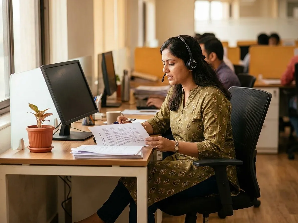 An HR colleague on a headset at her desk, annotating a printed document, the monitor beside her switched off.