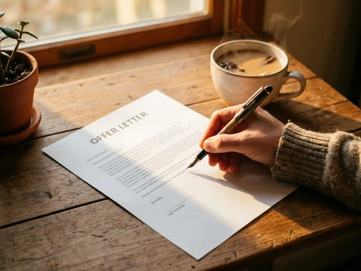 A hand signing a printed offer letter on a wooden desk beside a cup of chai, in warm morning light.