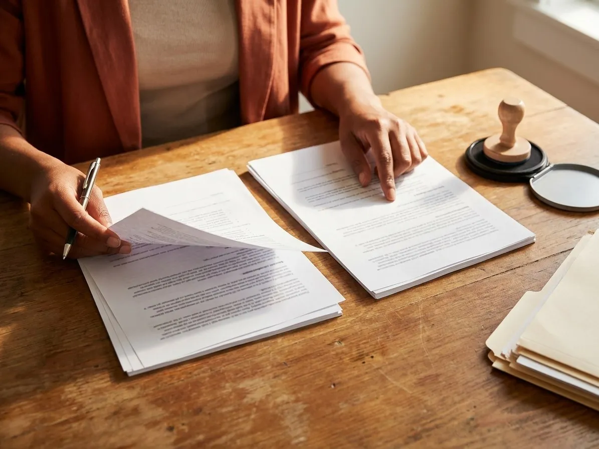 Hands comparing two printed documents on a wooden desk, a pen in one hand and a rubber stamp beside them.