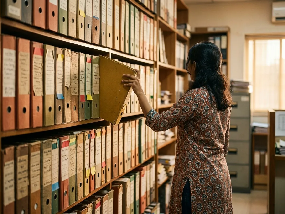 A records clerk lifting a box file from a wall of shelved, hand-labelled records in warm afternoon light.
