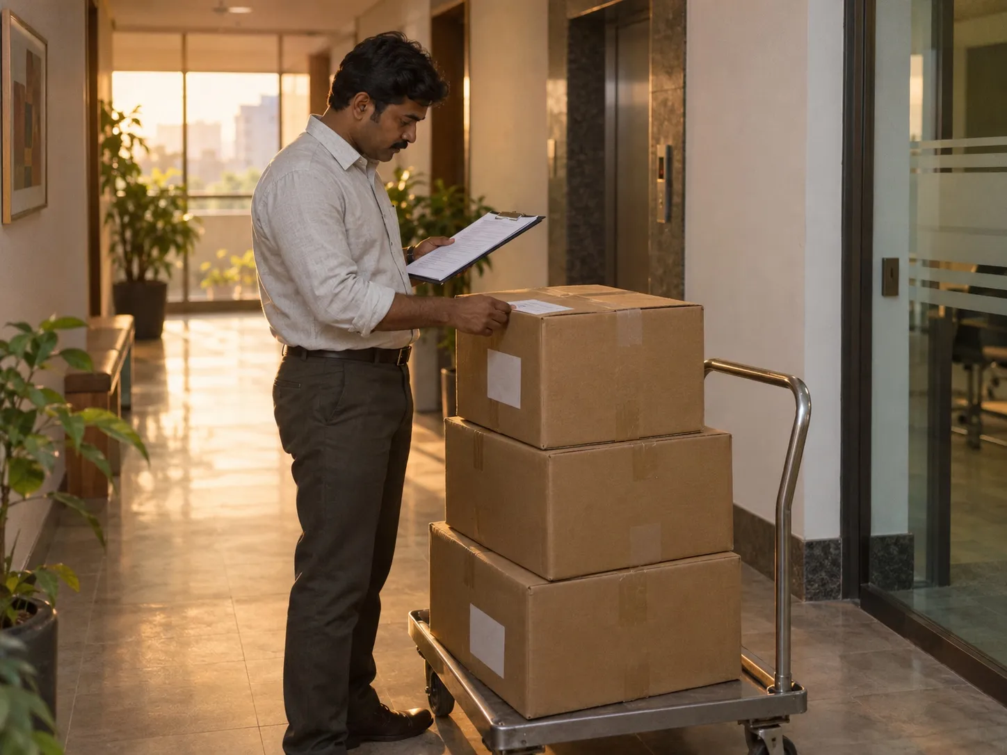 A man with a clipboard in a sunlit office corridor checking the label on the top of three sealed cartons stacked on a steel trolley.