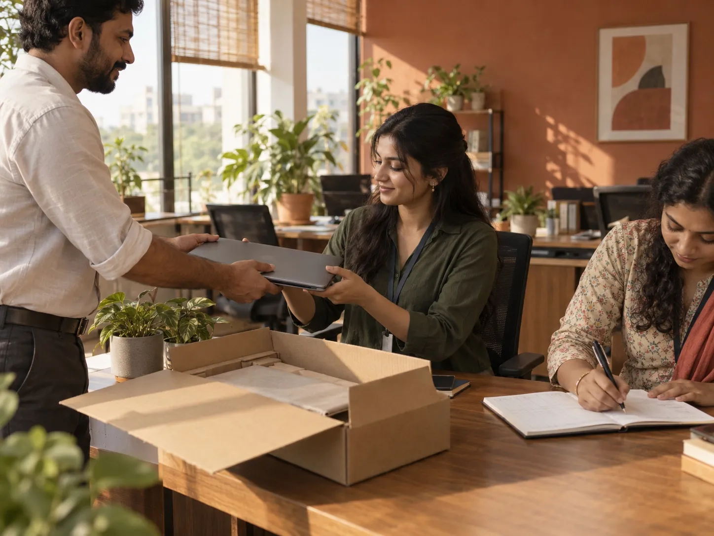 A closed laptop being handed across a wooden desk to a new colleague, its open carton beside them, while another colleague writes in a paper register.