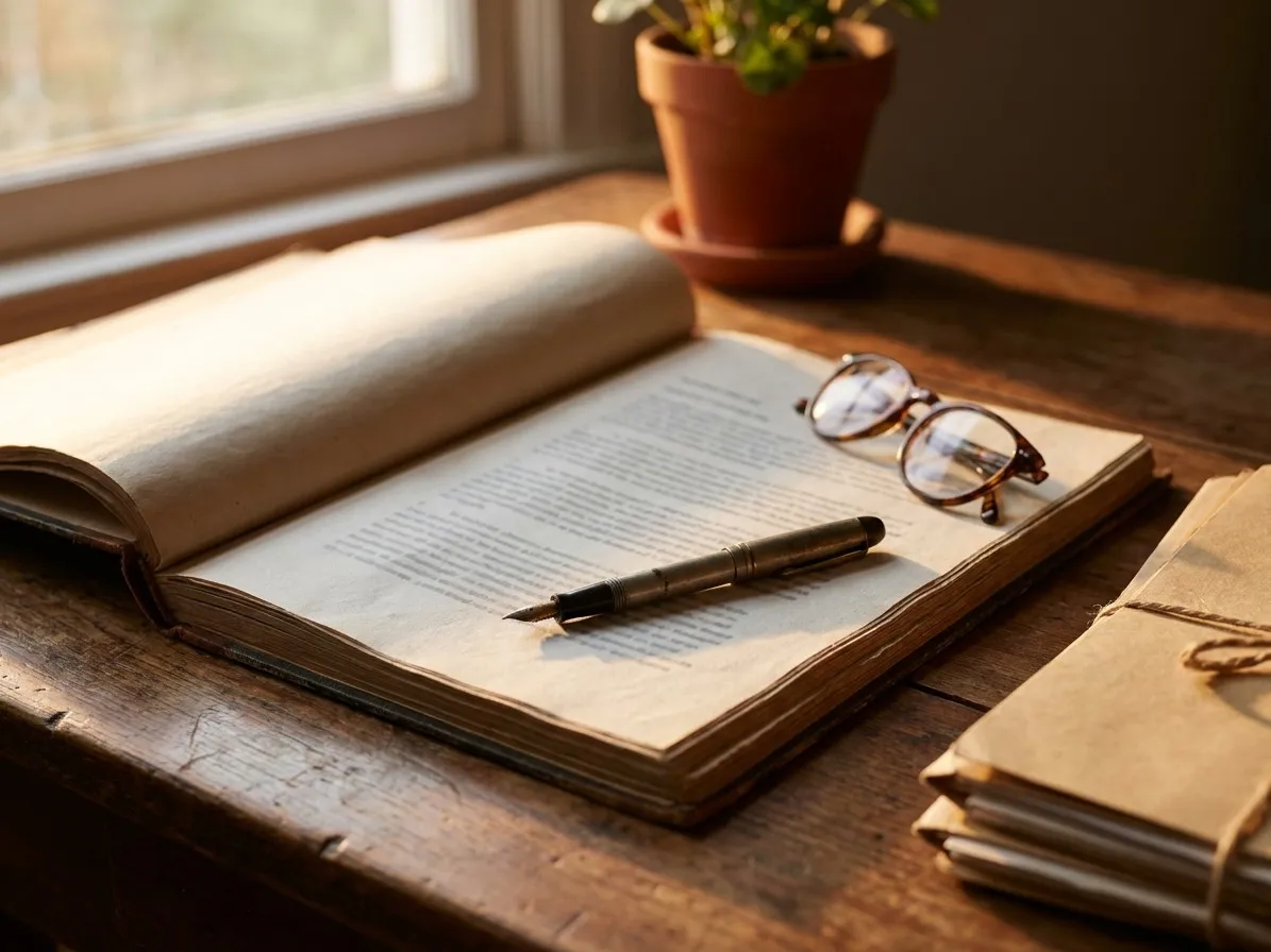 A bound register open on a wooden desk in raking window light, a fountain pen and reading glasses resting on it.