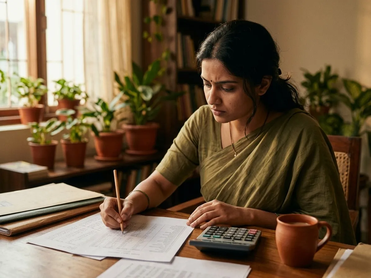 An accountant working through a printed budget with a pencil, a calculator and a mug beside the sheets.