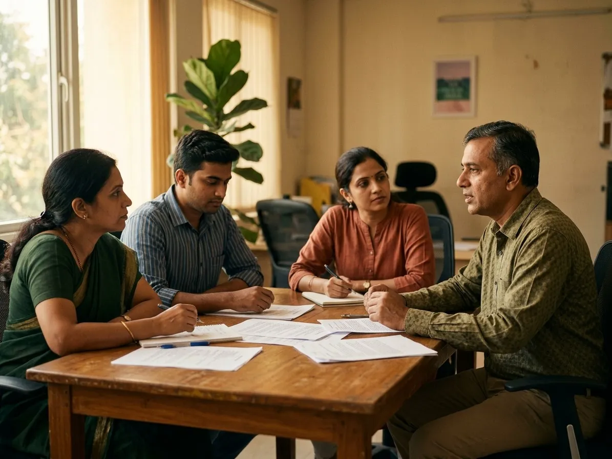 Four colleagues around a wooden table with printed papers in front of them, one mid-sentence and the rest listening.