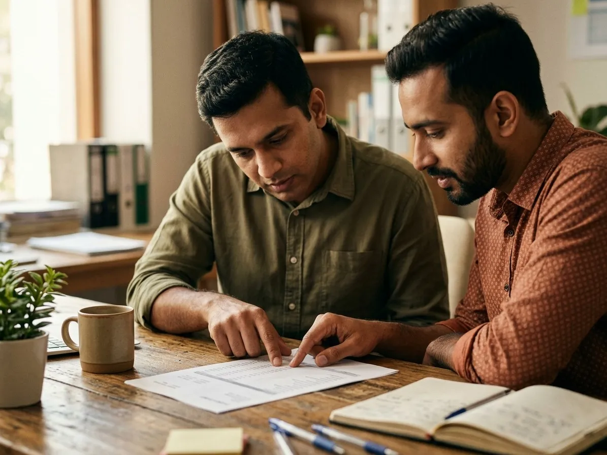 Two colleagues reading a printed statement together at a desk, one tracing a line down the page.