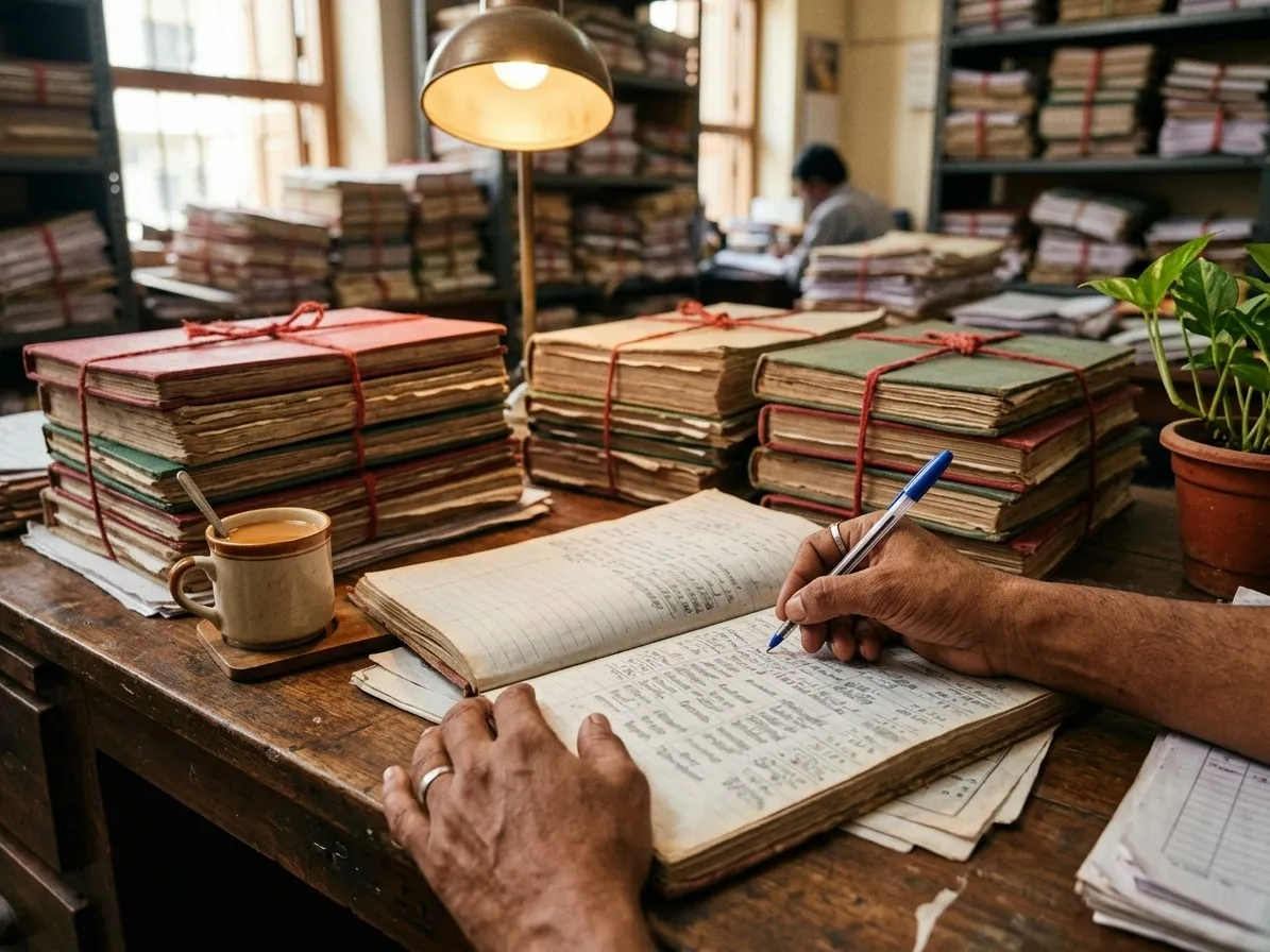 A hand annotating an open ledger at a desk surrounded by string-tied bundles of records under a warm lamp.