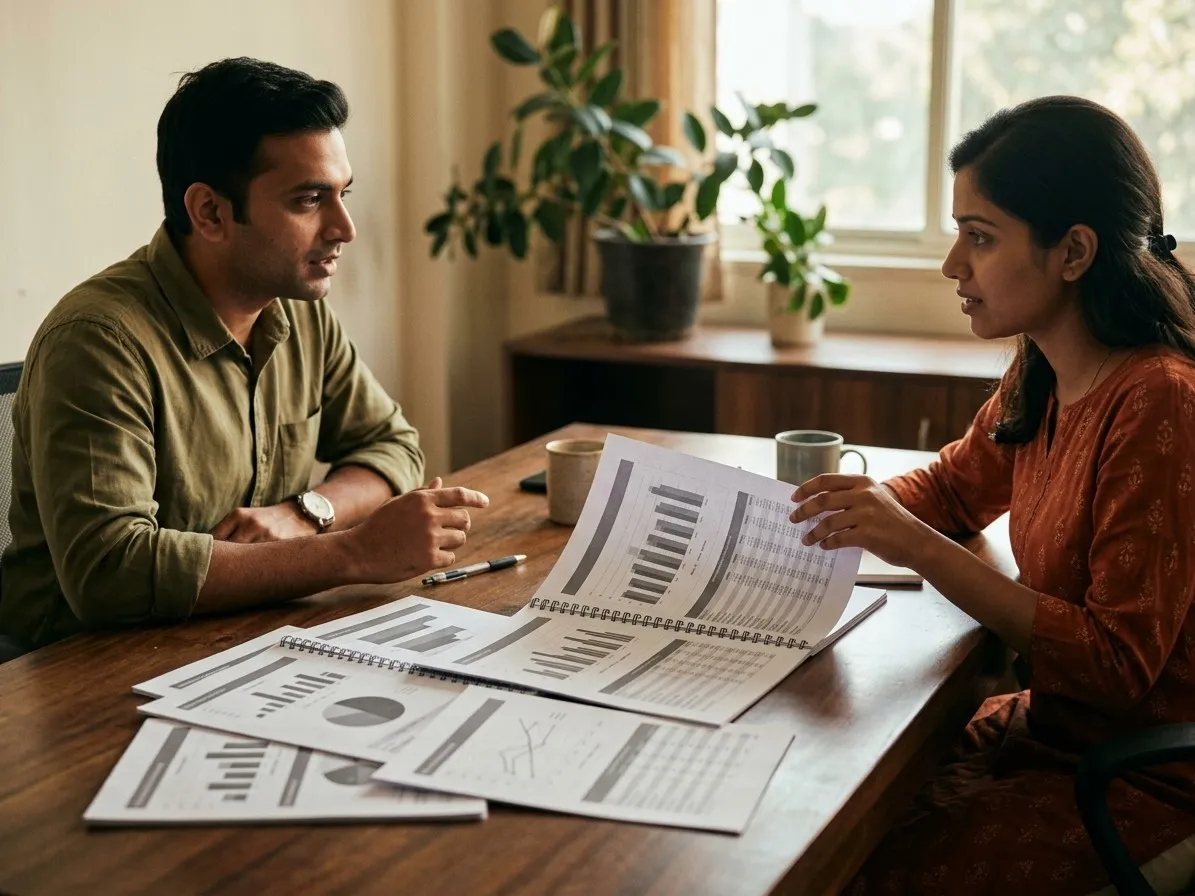 Two colleagues either side of a printed reporting pack fanned across a table, one turning a page.