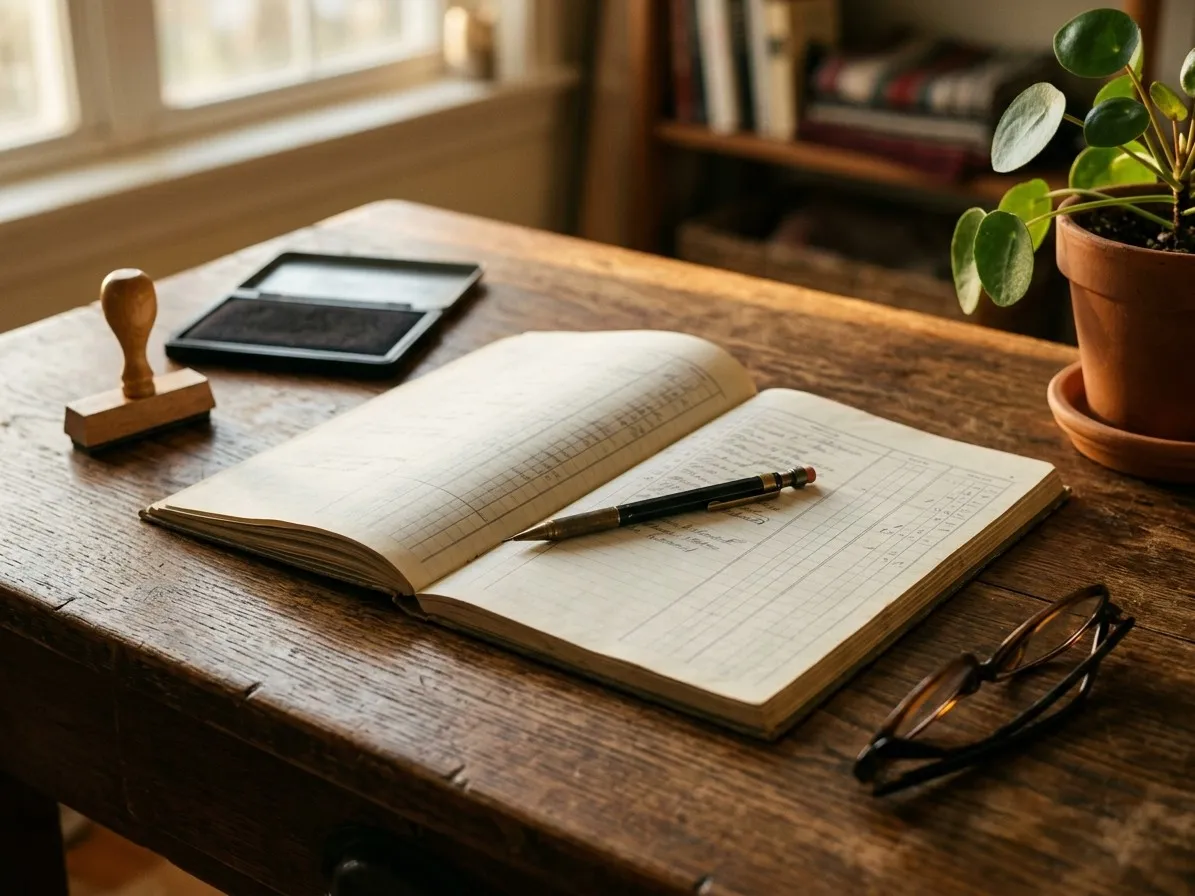 An open ruled ledger on a wooden desk in low afternoon light, a pencil across the page and a rubber stamp beside it.