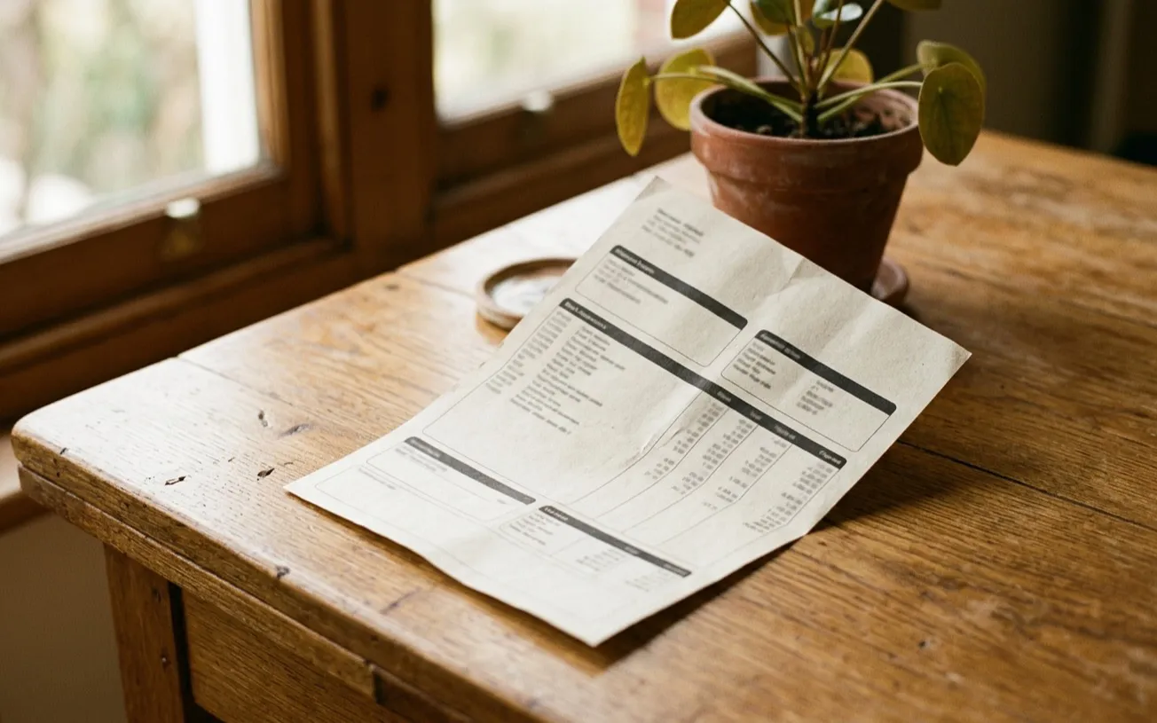 A printed payslip unfolded on a wooden desk beside a potted plant.