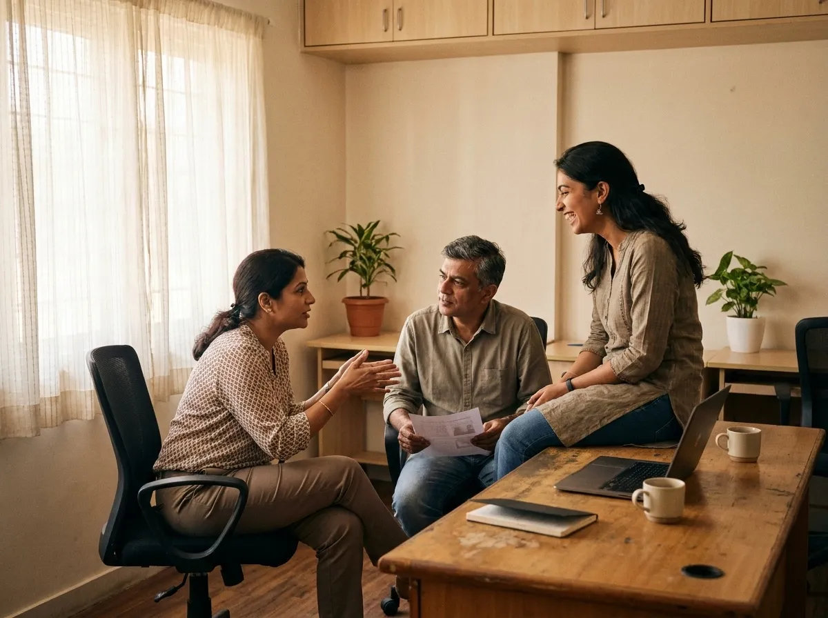 Three colleagues in conversation in an Indian office, one of them holding a printed document.
