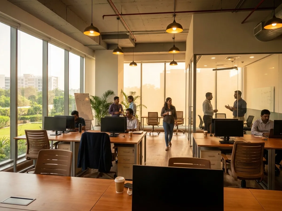 A fitted-out office floor in an Indian tech park, desks occupied under pendant lighting and full-height windows.