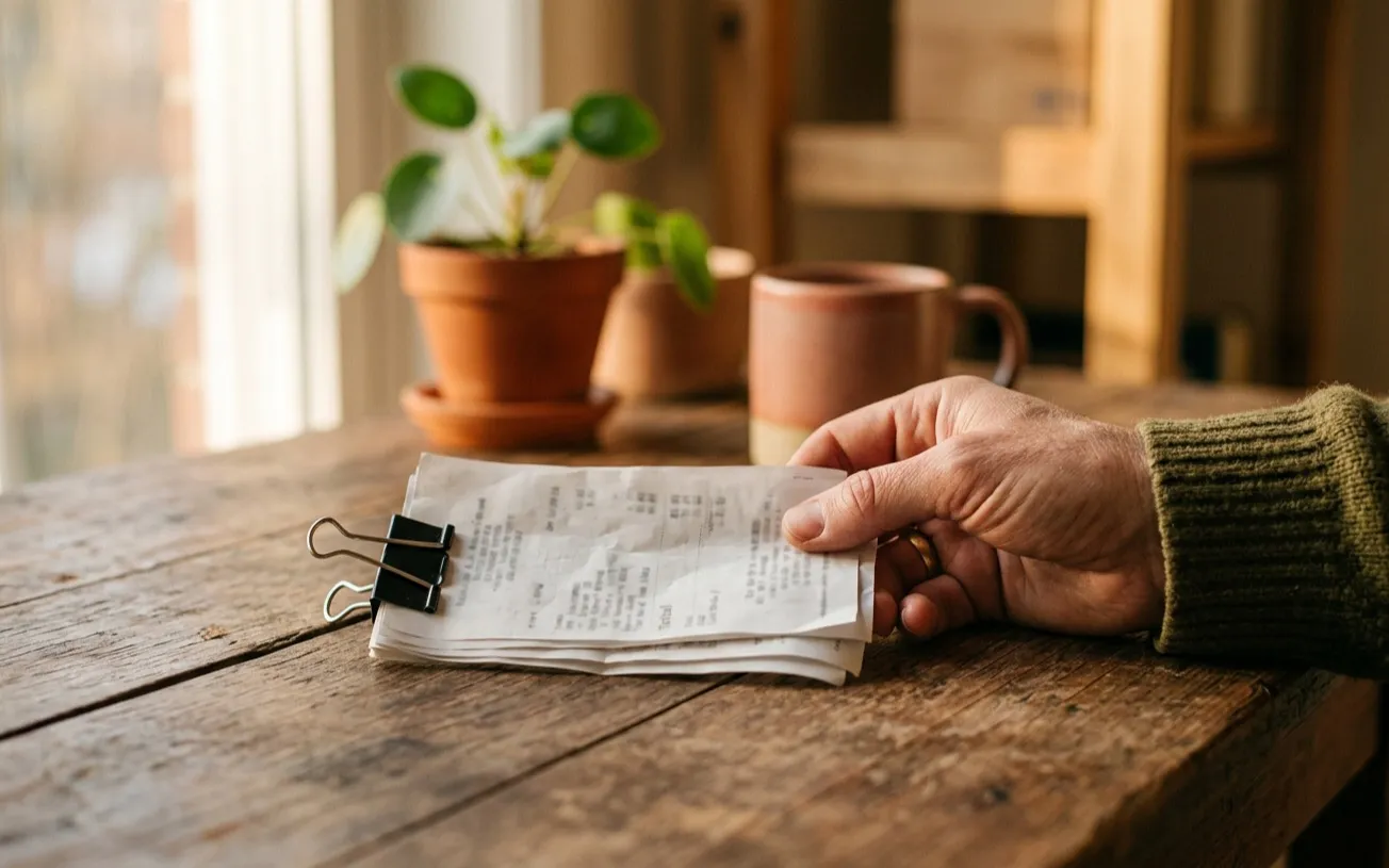 A hand resting on a bulldog-clipped stack of expense receipts.