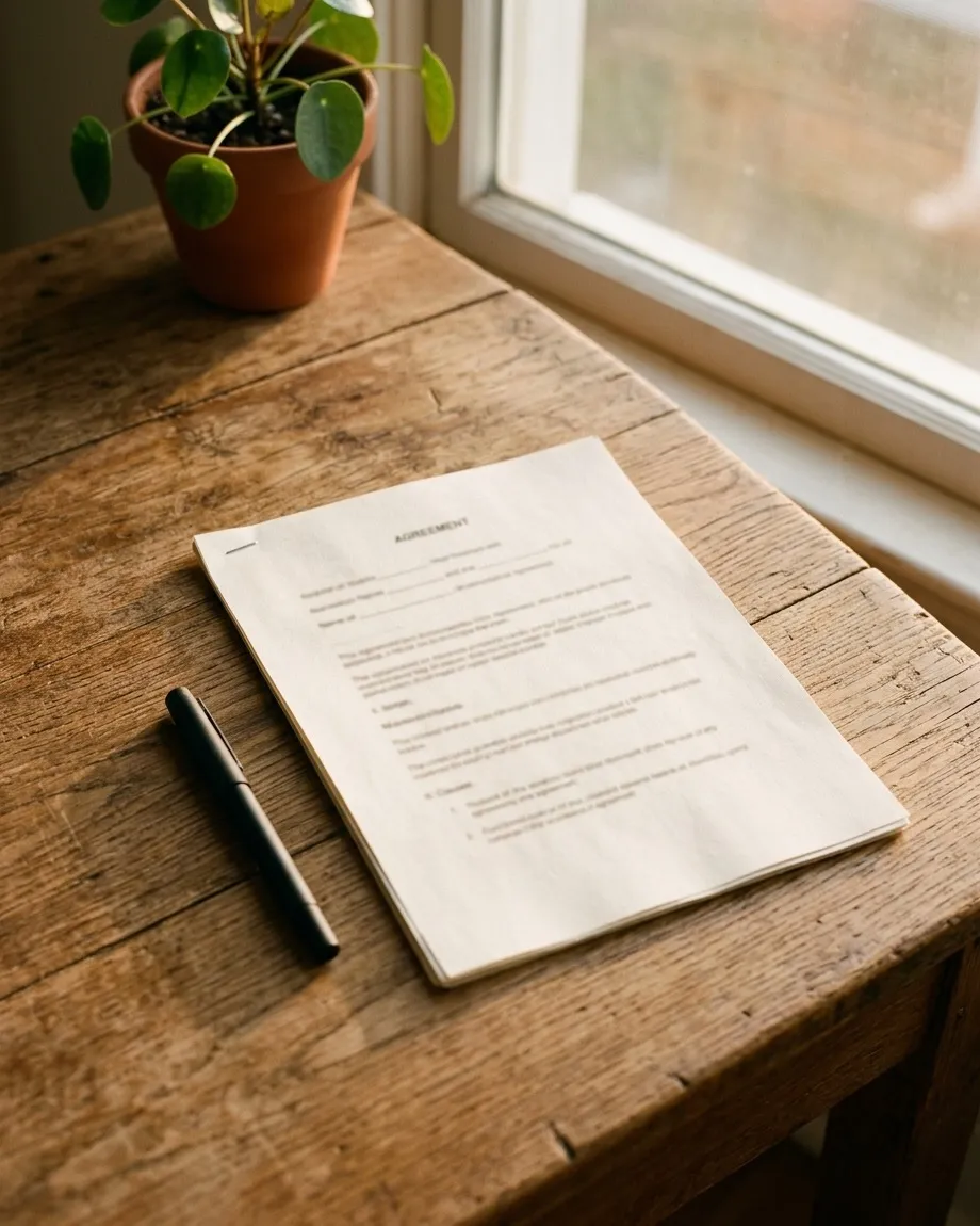 An unsigned agreement lying on a desk with a pen laid beside it.