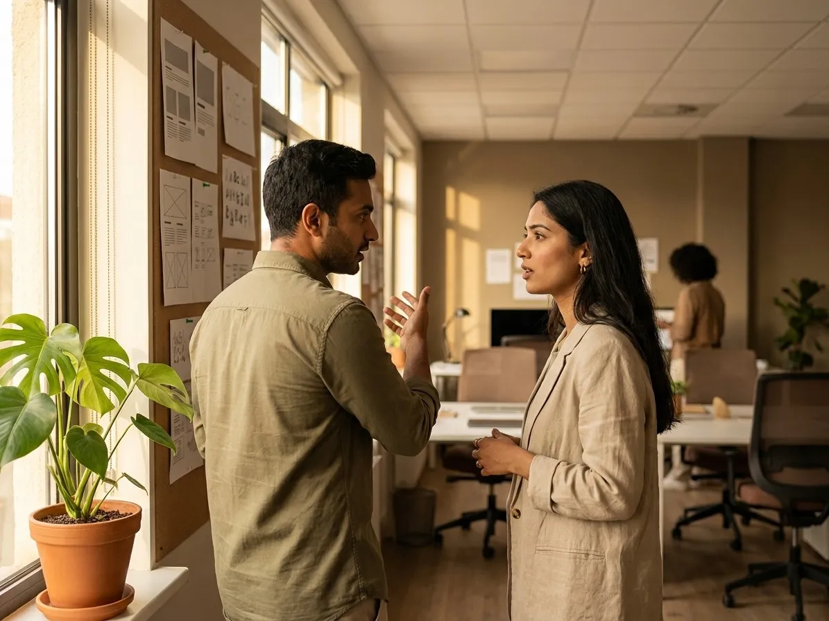 Two colleagues talking beside a pinboard of printed layout sheets, one gesturing at the arrangement.