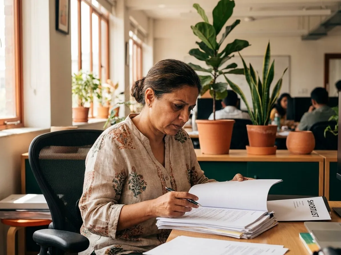 A recruiter at a sunlit desk turning through a stack of printed résumés, a shortlist folder open beside her.