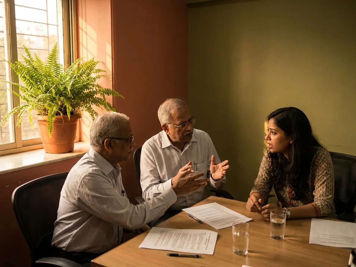 Two interviewers and a candidate mid-conversation across a meeting-room table, printed notes in front of them.