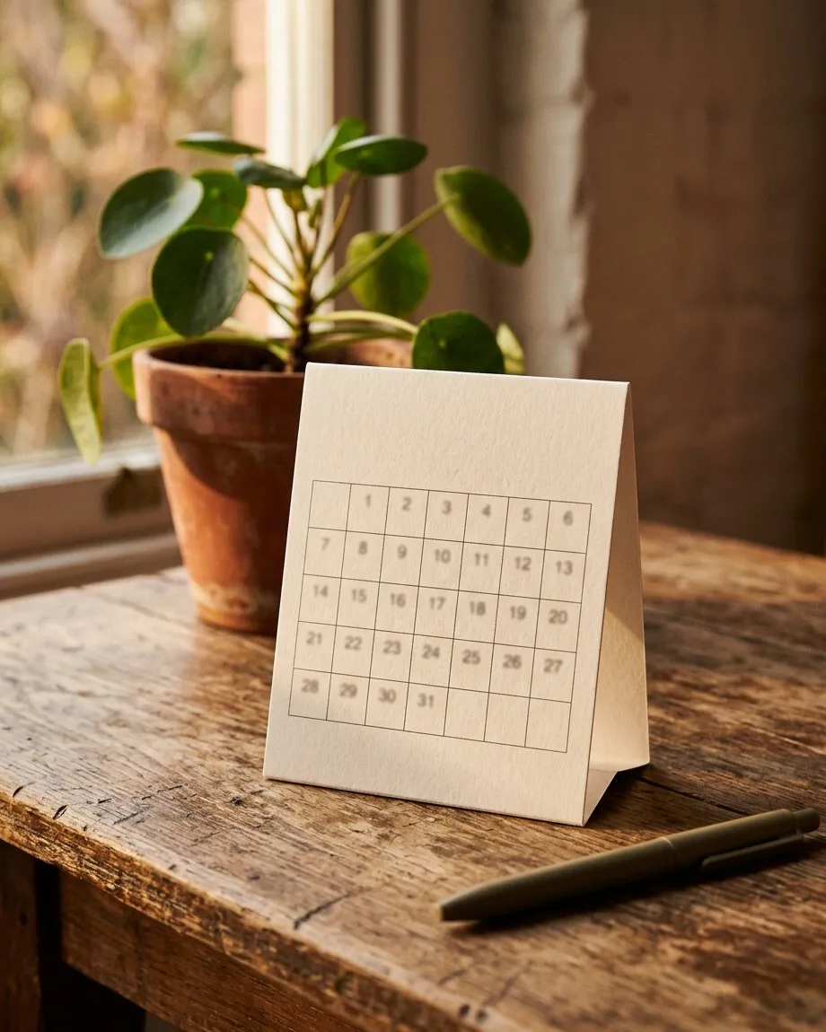 A small desk calendar standing open on a table.