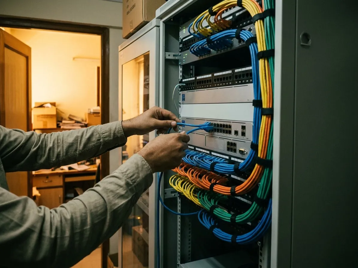 A technician seating a patch cable into a network rack dressed with tidy colour-ordered bundles.