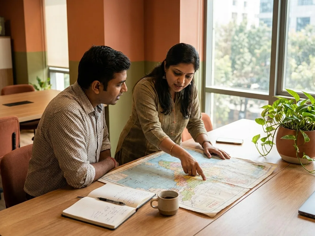 Two colleagues leaning over a printed map of India on a meeting table, one pointing at a city.
