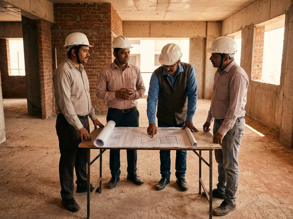 Four people in hard hats around a folding table on an unfinished floor, reading architectural drawings together.