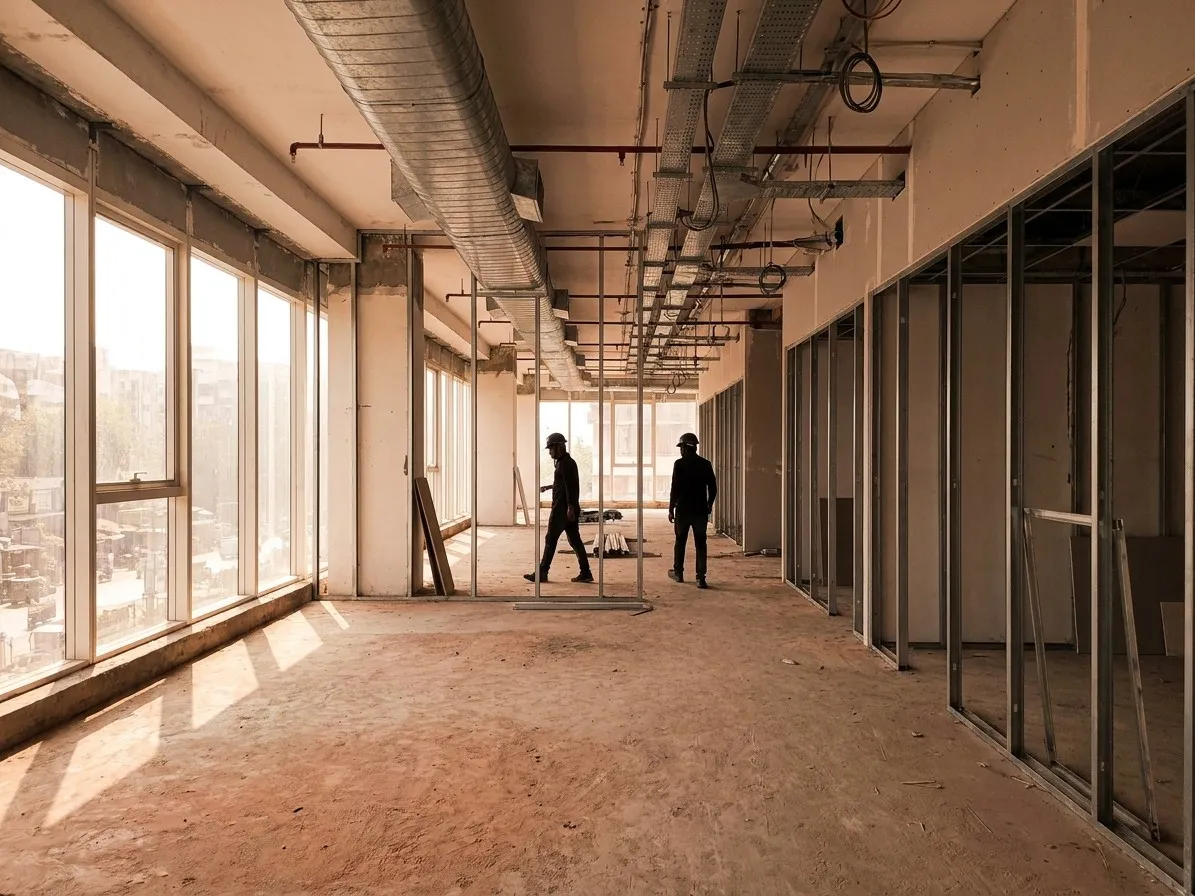 An office floor plate mid-fit-out: bare concrete, exposed ducting, partition framing and two people walking the space.