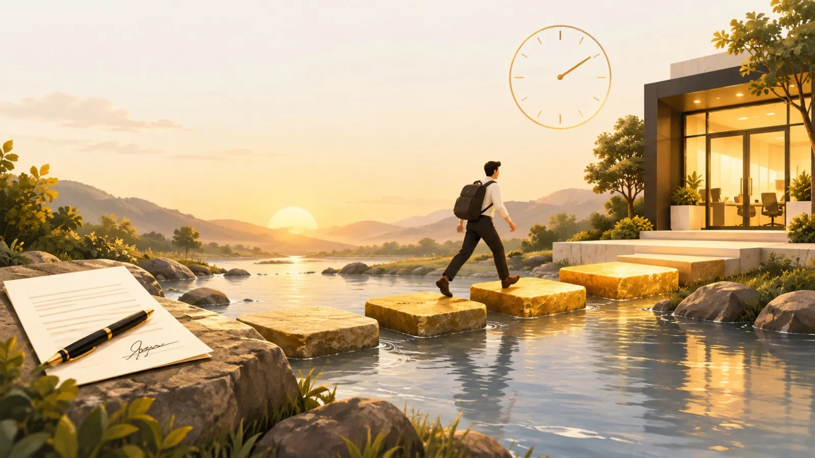 Illustration of a person crossing four gold stepping stones over a river at sunrise, from a signed agreement on one bank to an office doorway on the other, under a clock face: the four steps to a first payroll, in under 24 hours.