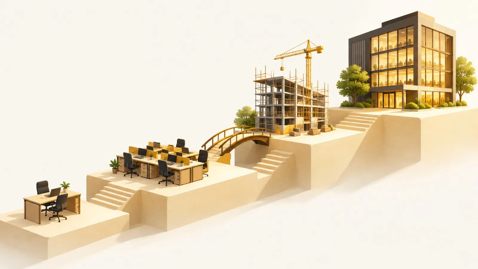 Illustration of a staircase rising from a single desk to a cluster of desks, across a small bridge to a building under construction, and up to a finished office building: the stages from a first hire to your own Global Capability Centre.