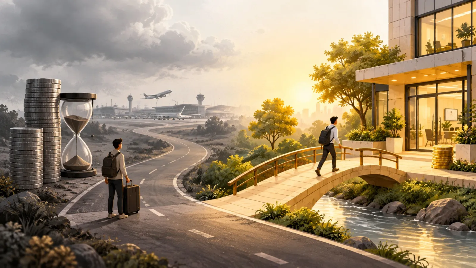 Illustration of two routes: on the left, a long grey road to an airport beside a tall stack of grey coins and an hourglass; on the right, a short sunlit bridge into a warm office in India with a small stack of gold coins.