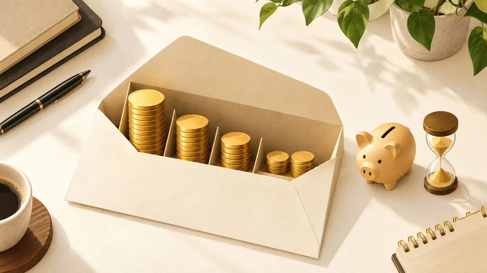Illustration of an open envelope on a desk holding gold coins in stacks of falling size, beside a piggy bank and an hourglass: a monthly cost to company divided into pay, allowances, provident fund and gratuity that builds over time.
