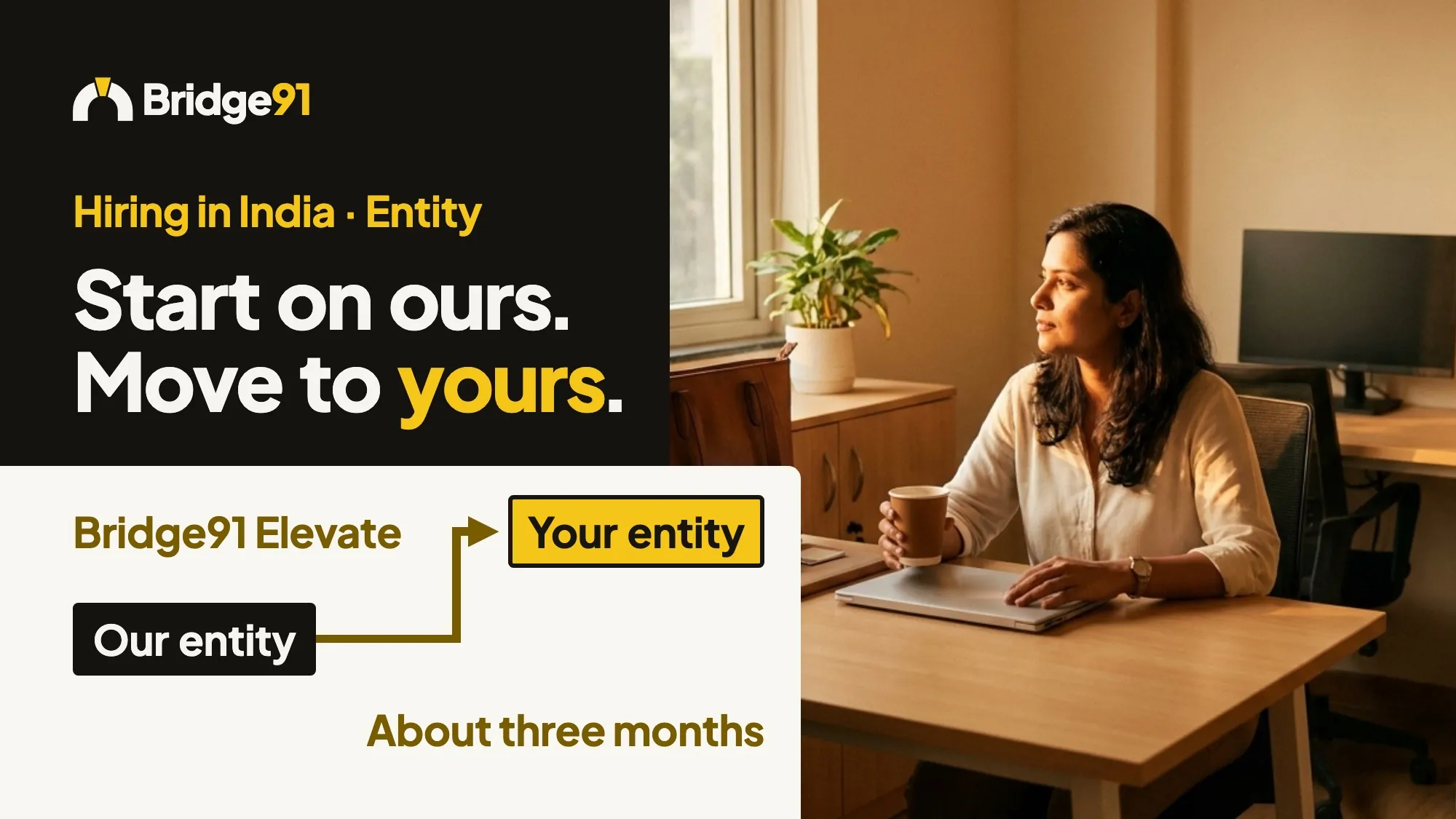 Start on ours. Move to yours. A path labelled Bridge91 Elevate steps up from our entity to your entity in about three months, beside a woman at a desk in a newly furnished office.