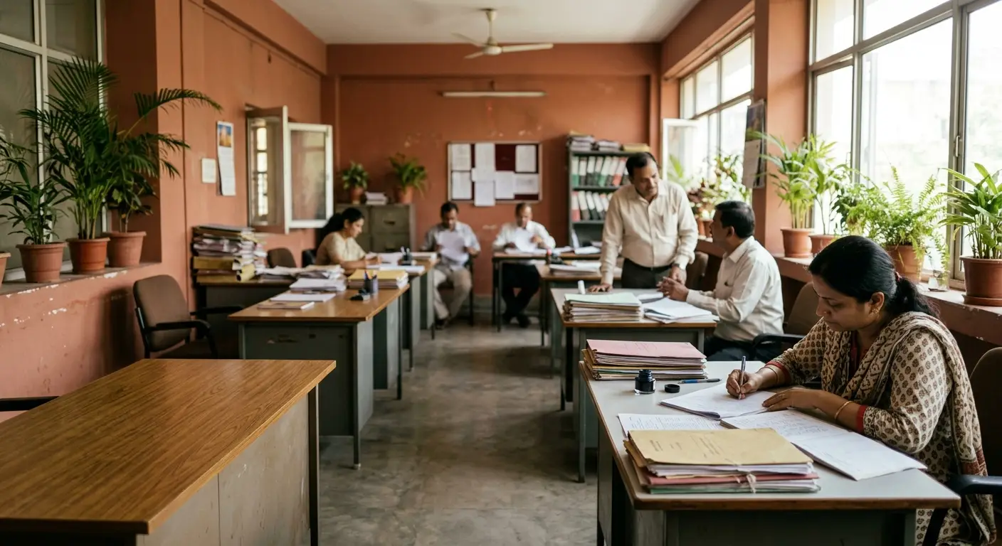 An office floor in India at work: people at desks with paper files, daylight through a window wall, plants along the sill.