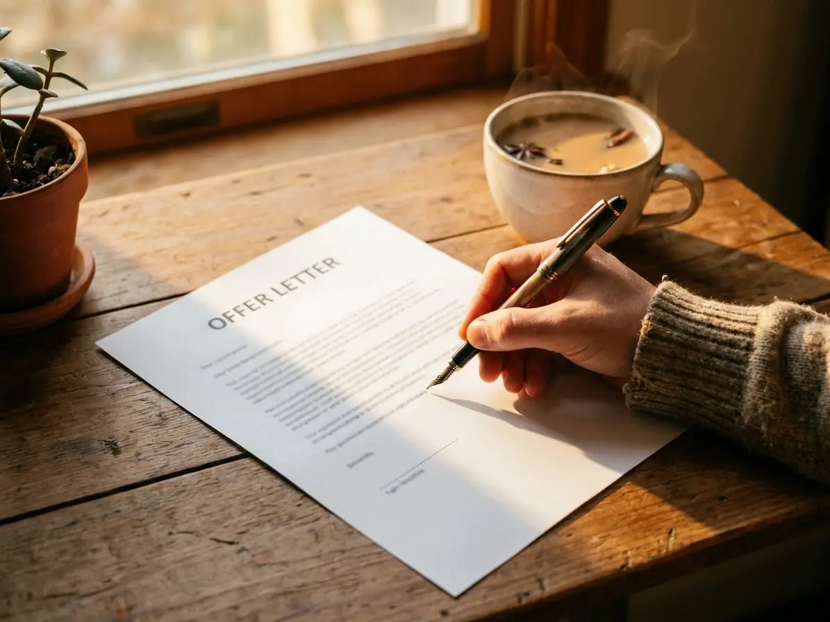 A hand signing a printed offer letter on a wooden desk beside a cup of chai, in warm morning light.